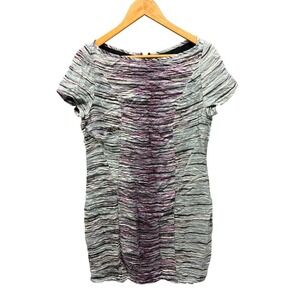 Brian Reyes Textured Cap Sleeve Sheath Dress Womens 6 Gray Purple Striped Italy